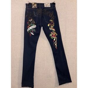 (NEW) MENS ED HARDY THE CORPS KNIFE SNAKE BOOTCUT DENIM JEANS SIZE 28 UNHEMMED